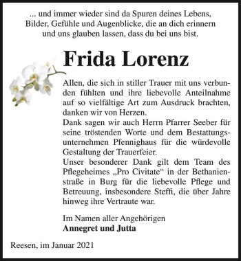 Traueranzeige von Frida Lorenz  von Magdeburger Volksstimme