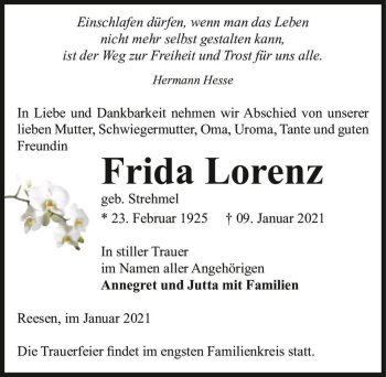 Traueranzeige von Frida Lorenz (geb. Strehmel)  von Magdeburger Volksstimme