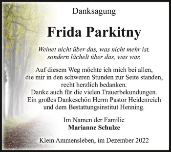 Traueranzeige von Frida Parkitny  von Magdeburger Volksstimme