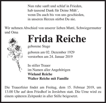 Traueranzeige von Frida Reiche (geb. Stage)  von Magdeburger Volksstimme