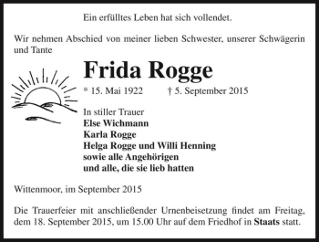 Traueranzeige von Frida Rogge  von Magdeburger Volksstimme