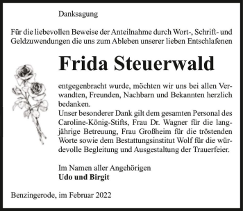 Traueranzeige von Frida Steuerwald  von Magdeburger Volksstimme