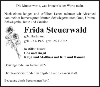 Traueranzeige von Frida Steuerwald (geb. Hartmann)  von Magdeburger Volksstimme