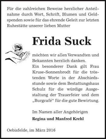 Traueranzeige von Frida Suck  von Magdeburger Volksstimme