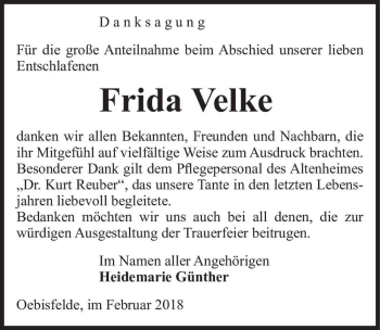 Traueranzeige von Frida Velke  von Magdeburger Volksstimme