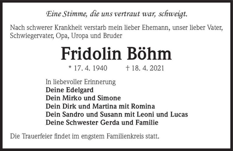  Traueranzeige für Fridolin Böhm  vom 24.04.2021 aus Magdeburger Volksstimme