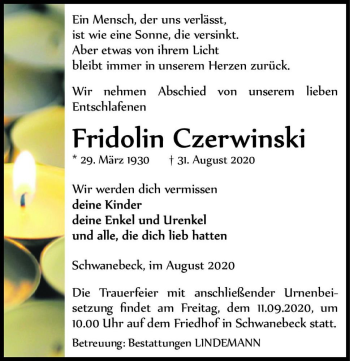 Traueranzeige von Fridolin Czerwinksi  von Magdeburger Volksstimme