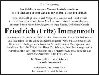 Traueranzeige von FrieFriedrich (Fritz) Immenroth  von Magdeburger Volksstimme