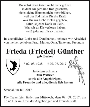 Traueranzeige von Frieda (Friedel) Günther (geb. Becker)  von Magdeburger Volksstimme