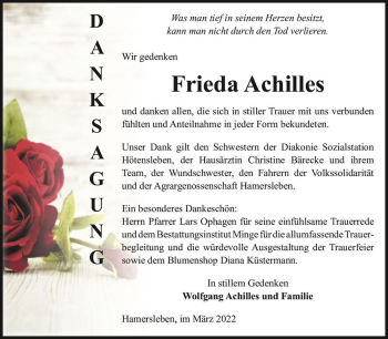 Traueranzeige von Frieda Achilles  von Magdeburger Volksstimme
