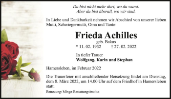 Traueranzeige von Frieda Achilles (geb. Bakus)  von Magdeburger Volksstimme
