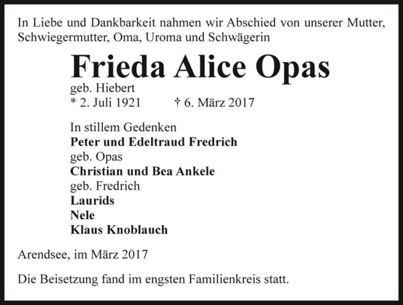  Traueranzeige für Frieda Alice Opas (geb. Hiebert)  vom 30.03.2017 aus Magdeburger Volksstimme