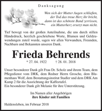 Traueranzeige von Frieda Behrends  von Magdeburger Volksstimme
