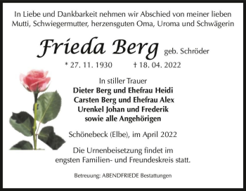 Traueranzeige von Frieda Berg (geb. Schröder)  von Magdeburger Volksstimme