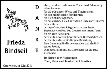 Traueranzeige von Frieda Bindseil  von Magdeburger Volksstimme
