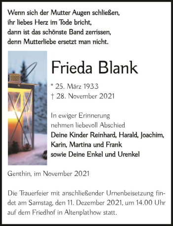 Traueranzeige von Frieda Blank  von Magdeburger Volksstimme