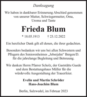 Traueranzeige von Frieda Blum  von Magdeburger Volksstimme