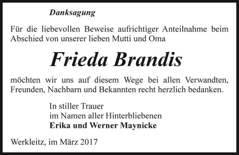  Traueranzeige für Frieda Brandis  vom 01.04.2017 aus Magdeburger Volksstimme
