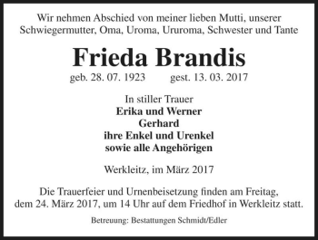 Traueranzeige von Frieda Brandis  von Magdeburger Volksstimme