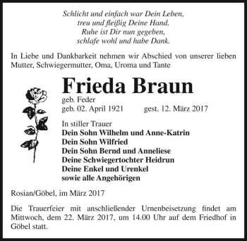 Traueranzeige von Frieda Braun (geb. Feder)  von Magdeburger Volksstimme