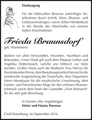 Traueranzeige von Frieda Braunsdorf (geb. Wartemann)  von Magdeburger Volksstimme