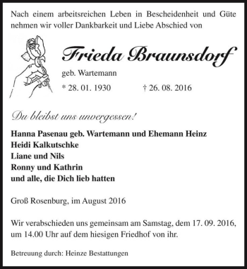 Traueranzeige von Frieda Braunsdorf (geb. Wartemann)  von Magdeburger Volksstimme