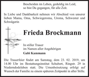 Traueranzeige von Frieda Brockmann  von Magdeburger Volksstimme