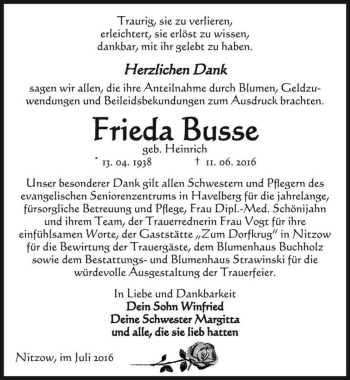 Traueranzeige von Frieda Busse (geb. Heinrich)  von Magdeburger Volksstimme