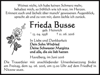 Traueranzeige von Frieda Busse (geb. Heinrich)  von Magdeburger Volksstimme