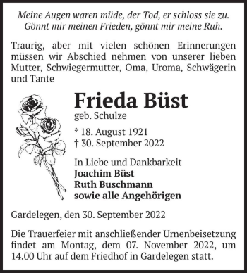 Traueranzeige von Frieda Büst (geb. Schulze)  von Magdeburger Volksstimme