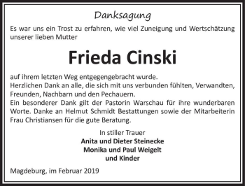Traueranzeige von Frieda Cinski  von Magdeburger Volksstimme