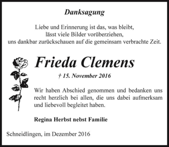 Traueranzeige von Frieda Clemens  von Magdeburger Volksstimme