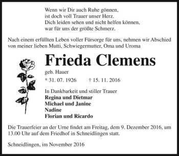 Traueranzeige von Frieda Clemens (geb. Hauer)  von Magdeburger Volksstimme