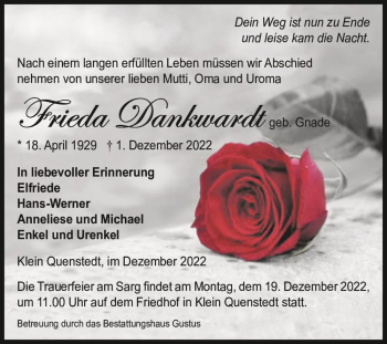 Traueranzeige von Frieda Dankwardt (geb. Gnade)  von Magdeburger Volksstimme