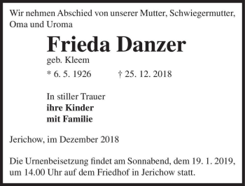 Traueranzeige von Frieda Danzer (geb. Kleem)  von Magdeburger Volksstimme