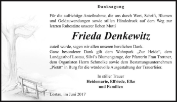 Traueranzeige von Frieda Denkewitz  von Magdeburger Volksstimme