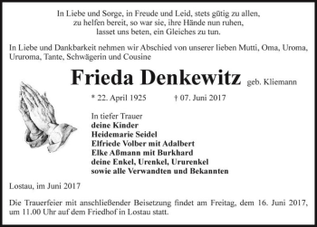 Traueranzeige von Frieda Denkewitz (geb. Kliemann)  von Magdeburger Volksstimme