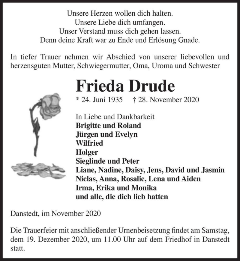  Traueranzeige für Frieda Drude  vom 05.12.2020 aus Magdeburger Volksstimme