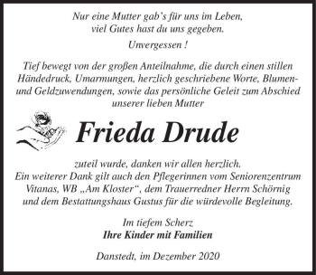 Traueranzeige von Frieda Drude  von Magdeburger Volksstimme