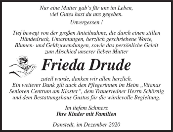 Traueranzeige von Frieda Drude  von Magdeburger Volksstimme