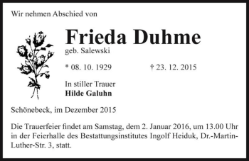 Traueranzeige von Frieda Duhme (geb. Salewski)  von Magdeburger Volksstimme