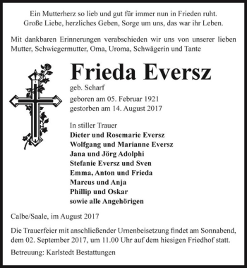 Traueranzeige von Frieda Eversz (geb. Scharf)  von Magdeburger Volksstimme