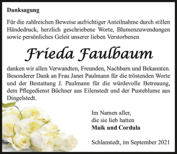 Traueranzeige von Frieda Faulbaum  von Magdeburger Volksstimme