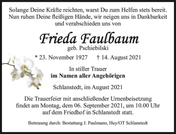 Traueranzeige von Frieda Faulbaum (geb. Pschiebilski)  von Magdeburger Volksstimme