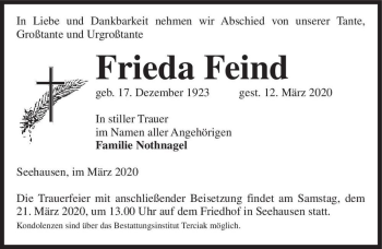 Traueranzeige von Frieda Feind  von Magdeburger Volksstimme