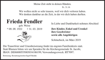 Traueranzeige von Frieda Fendler (geb. Weise)  von Magdeburger Volksstimme