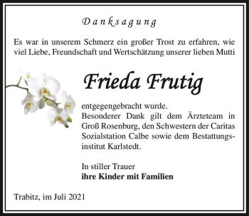 Traueranzeige von Frieda Frutig  von Magdeburger Volksstimme