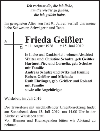 Traueranzeige von Frieda Geißler  von Magdeburger Volksstimme