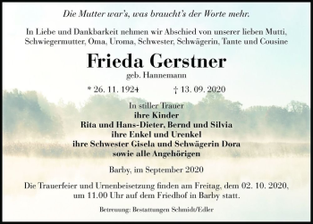 Traueranzeige von Frieda Gerstner (geb. Hannemann)  von Magdeburger Volksstimme