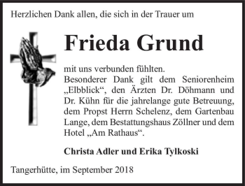 Traueranzeige von Frieda Grund  von Magdeburger Volksstimme